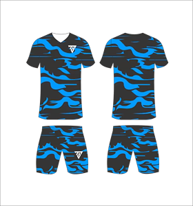 Custom sublimated <b>soccer</b> uniform set for men with black and blue camouflage pattern print jersey and matching shorts - Product Image 1
