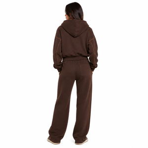Brown Womens Zip Hoodie Jogger Tracksuit Contrast Stitch Detail Cropped <b>Top</b> <b>Layered</b> Look Casual Streetwear Custom OEM Wholesale - Product Image 2