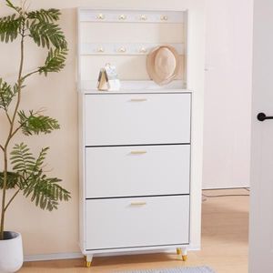 White Entryway Bedroom Armoire with Hanging Rod Shoe Cabinet and Wardrobe Closet Drawers and Shelves Handles - Product Image 2