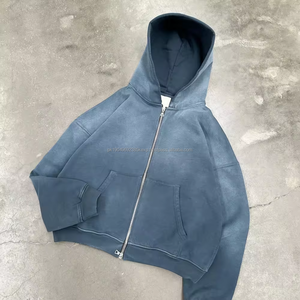 Custom Lightweight French Terry Cotton Cut <b>Raw</b> Hem Cropped Vintage Acid Wash Sun Faded Blank Zip Up Baggy Hoodie - Product Image 1