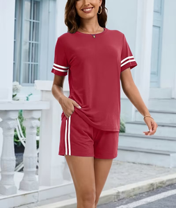 Women 2 Piece Shorts Set Solid Red O-Neck Short Sleeve Loose Fit Sporty Casual Summer Above Knee Knitted Polyester Soft Pockets - Product Image 1
