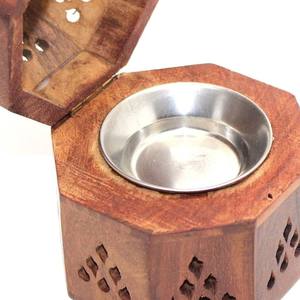 Handcrafted Hexagonal Wooden Bakhoor Burner Traditional Carved Wood Incense Censer with Hinged Lid and Stainless Steel Bowl - Product Image 4