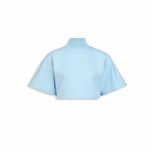 Top Corto de Cuello Alto Azul Claro para Mujer, Manga Corta, Tejido, Color Sólido, Estilo Minimalista, Corte Holgado, Primavera Verano, Detalle de Volantes - Product Image 4