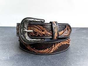 Genuine Leather <b>Western</b> Cowboy <b>Belt</b> with Silver Buckle Floral Tooled Design Vintage Casual Men's Handcrafted <b>Belt</b> | Durable - Product Image 2