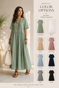 Boho Sage Green V Neck Pleated Flared Linen Blend Maxi <b>Dress</b> Short Sleeve <b>Loose</b> Fit Casual Vintage Summer Beach Women's <b>Dress</b> - Product Image 4