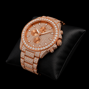 Montre à quartz pour homme en acier inoxydable couleur or rose, cadran serti de pierres scintillantes, chronographe à trois sous-cadrans, montre de luxe tendance - Product Image 3
