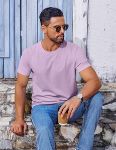 Camiseta de Manga Corta para Hombre, Color Lavanda Sólido, Cuello Redondo, Corte Ajustado, Informal, Transpirable, de Algodón Tejido - Product Image 4