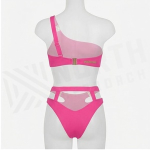 Ensemble de bikini asymétrique rose à une épaule avec bas de maillot de bain taille haute évidé pour femme - Product Image 2