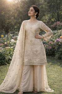 Ensemble trois pièces en organza Kundan pur avec broderie et travail de sequins, doublure en micro-coton épais, pour femme, tenue de mariage, rose - Product Image 2