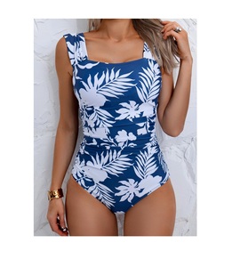 Traje de Baño Retro de Una Pieza para Mujer, Cuello Cuadrado, Estampado por Sublimación, Fruncido, Cobertura Completa, Estilo Modesto - Product Image 6