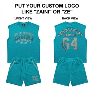 Men Vintage Summer Sleeveless Short <b>Set</b> 300 GSM <b>Knitted</b> Polyester/Cotton Blend Breathable Garment Washed Oversized Crew Neck - Product Image 1