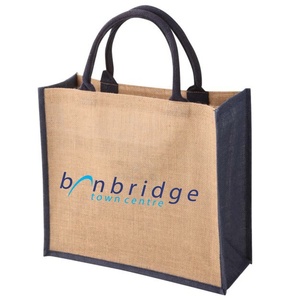 Sac fourre-tout promotionnel en tissu de jute laminé PP avec poignée en corde rembourrée combinaison naturelle et bleu marine - Product Image 1