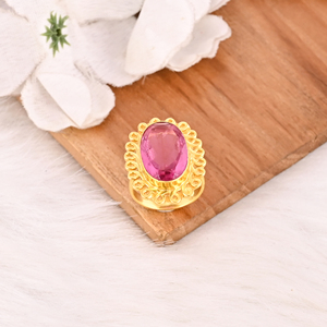แหวนทองเหลืองชุบทองประดับพลอยสีชมพูระยิบระยับ ดีไซน์ทันสมัย ทำด้วยมือ สำหรับผู้หญิง - Product Image 2