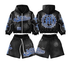 TAHAD Manufacturer Custom Vintage Washed Heavyweight Cotton Zipper <b>Hoodies</b> Men Embroidery Applique Patched <b>Rhinestone</b> Hoodie - Product Image 5