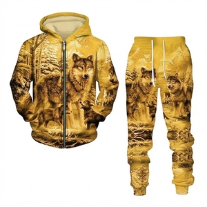 Survêtement unisexe à imprimé loup, à capuche, manches longues, fermeture éclair, vêtement décontracté d'hiver, coupe régulière, poches latérales, 100% polyester - Product Image 3