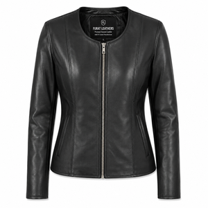 Blouson de moto pour femme style motard Flashback en cuir véritable avec fermeture éclair, col ouvert, couleur unie, coupe-vent en polyester - Product Image 1