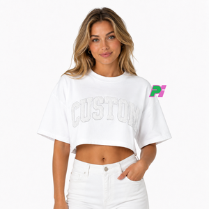 Crop top pour femme, broderie personnalisée, col rond, manches courtes, coupe ample, t-shirt décontracté, printemps été, 100% coton - Product Image 1