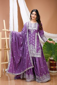 <b>Purple</b> Embroidered Natural Crep Traditional Indian Pakistani Wedding <b>Dress</b> Set for Women Floor-Length Regular Fit Diwali/<b>Party</b> - Product Image 4