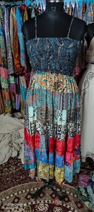 Bohemian <b>Patchwork</b> Silk Saree <b>Skirt</b> Dress for Women Breathable Ankle-Length Adjustable Strap Dress Free Size - Product Image 4