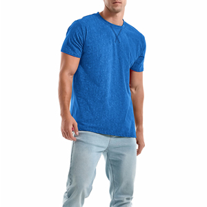 T-shirt en tricot à manches courtes pour homme, bleu foncé, col rond, couleur unie, vêtement décontracté - Product Image 3