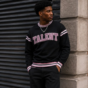 <b>Men's</b> Custom <b>Black</b> Crewneck <b>Sweatshirt</b> with Chenille Varsity Lettering Pink Striped Sleeves Rib Cuffs and Hem - Product Image 1