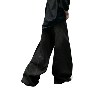 Jean en denim noir ample pour homme, coupe décontractée, jambe large, style streetwear, pantalon délavé, longueur intégrale, tenue décontractée et tendance - Product Image 2