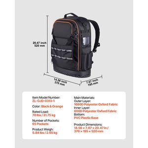 Bolsa de Trabajo Resistente para Electricistas, Mochila para Herramientas con 65 Bolsillos, Base Moldeada y Compartimento para Portátil - Product Image 4