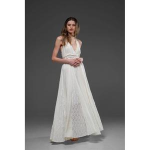 Elegante Vestido Largo de Encaje Blanco para Mujer, Cuello en V Profundo, Estilo Halter, Sin Mangas, Corte en A, Vestido de Fiesta Fluido - Product Image 2