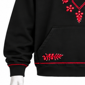 Sweat-shirt à capuche noir Indus brodé, motif floral, poche kangourou, streetwear décontracté, unisexe, haut de mode d'hiver - Product Image 5