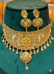 <b>Gold</b> Plated Traditional Floral Necklace <b>Set</b> with Matching <b>Earrings</b> | Indian Bridal Jewelry Wholesale Model 23291 - Product Image 6