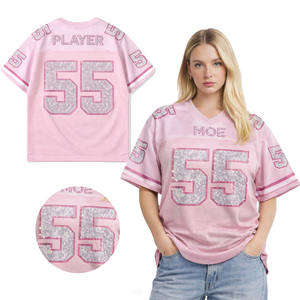 Camiseta de fútbol americano rosa con diamantes de imitación para mujer, estilo oversize, cuello en V, transpirable, OEM - Product Image 1