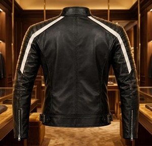 Chaqueta de Cuero de Oveja Negra para Hombre, Estilo Café Racer, con Franjas Blancas de Carreras, Hombros Acolchados y Bolsillos con Cremallera - Product Image 3