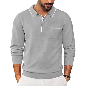 Men's Gray Knitted Long Sleeve Polo Sweater <b>With</b> Front <b>Pocket</b> Autumn Wear - Product Image 1