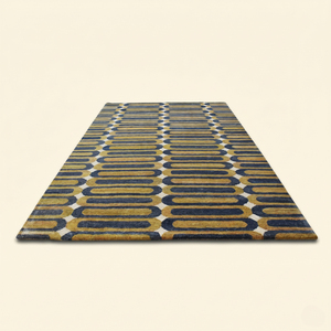 Tapis en laine fait main DECORDEC bleu indigo, jaune moutarde, géométrique, antidérapant, écologique, pour salon, chambre, hôtel - Product Image 2