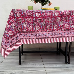 Indian Block Print Handmade 100% Cotton Dining <b>Tablecloth</b> White Pink Floral Design Custom Size Home Decor Farmhouse Style - Product Image 3