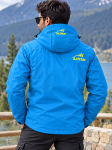 Chaqueta Softshell Azul Cielo Personalizada para Hombre con Capucha, Cremallera Amarilla en Contraste, Impermeable, Resistente al Viento, para Trabajo al Aire Libre, Fabricante - Product Image 2