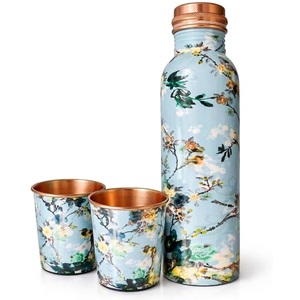 Botella de agua compacta de cobre con diseño floral, botella de agua de cobre con tapa, juego de botellas portátiles para viaje. - Product Image 4