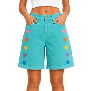 Short en jean pour femme, bleu turquoise, avec broderie cœur arc-en-ciel, taille haute, coupe décontractée, ourlet retroussé, en coton, mode estivale - Product Image 1