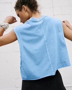 Top corto de punto sin mangas azul claro para mujer con espalda recortada y bolsillo, informal, de color liso, para primavera y verano, uso diario - Product Image 2