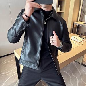 Tendance coréenne automne hiver Streetwear décontracté ample à manches longues veste en cuir hommes solide revers poches fermeture éclair nouveau 5XL taille hauts - Product Image 1