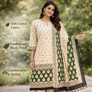 Traje Punjabi Floral Verde Crema Premium |   Conjunto de Pijama Kurti de Algodón Hecho a Mano con Borde |   Vestido Sarong Indio Profesional - Product Image 5