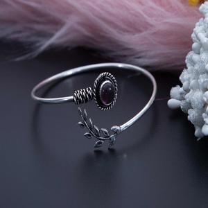 Bracelet manchette améthyste réglable en argent sterling 925 feuilles élégant à la mode oxydé - Product Image 1