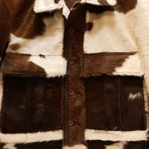 Veste en cuir véritable patchwork marron et blanc, col rabattu, écologique, style motard, doublure épaisse en coton/polyester, fermeture éclair - Product Image 5