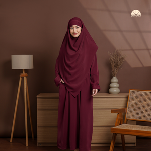 Ensemble Abaya Islamique et Khimar Français pour Femme, Couleur Bourgogne, en Coton Marbella Premium, Non Tissé Uni, Coupe Ample, Robe Modeste avec Coffret Cadeau - Product Image 2