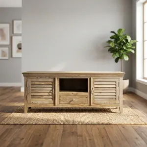 Mueble de TV con Persianas de Madera, Armarios de Almacenamiento, Estante Abierto y Cajón, Soporte de Entretenimiento Rústico para Sala de Estar - Product Image 6