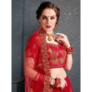 <b>Red</b> Embroidered Slub Silk Bridal <b>Lehenga</b> Choli Set for Women - Product Image 4