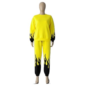 <b>Yellow</b> Flame Print <b>Tracksuit</b> Set Crew Neck Full Sleeve Sweatshirt With Drawstring Pants Unisex Casual Spring Wear - Product Image 1