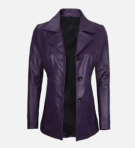 Blazer de luxe pour femme en cuir véritable couleur cognac riche, avec décoration en fourrure, doublure en polyester, nouvelle collection printemps-automne, teinture unie, traitement enduit - Product Image 2