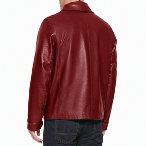 Veste en cuir rouge pour homme, col rabattu, fermeture éclair, vêtement d'extérieur décontracté pour l'automne, coupe classique, couleur unie - Product Image 2