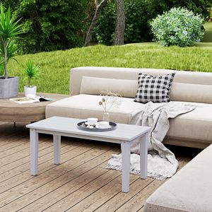 Tavolino da Caffè Rettangolare Bianco per Esterni, Tavolo da Patio in HDPE Resistente alle Intemperie con Piano in Ferro a Doghe per Giardino, Balcone o Bar - Product Image 2